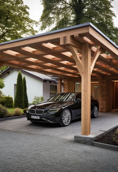 Ein Anlehncarport aus Holz, worunter ein modernes und elegantes schwarzes Auto geparkt steht, das vor Wind und Wetter geschützt wird.