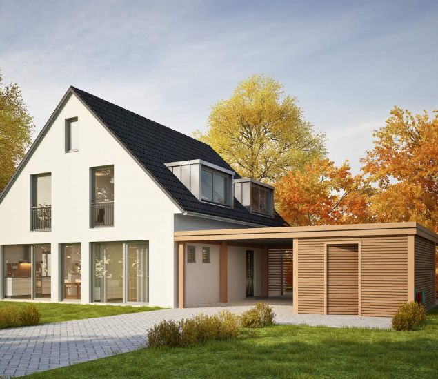 Dieses moderne Haus hat einen modernen Holz-Carport direkt an der Seite, was den charmanten Look und den praktischen Nutzen perfekt kombiniert.